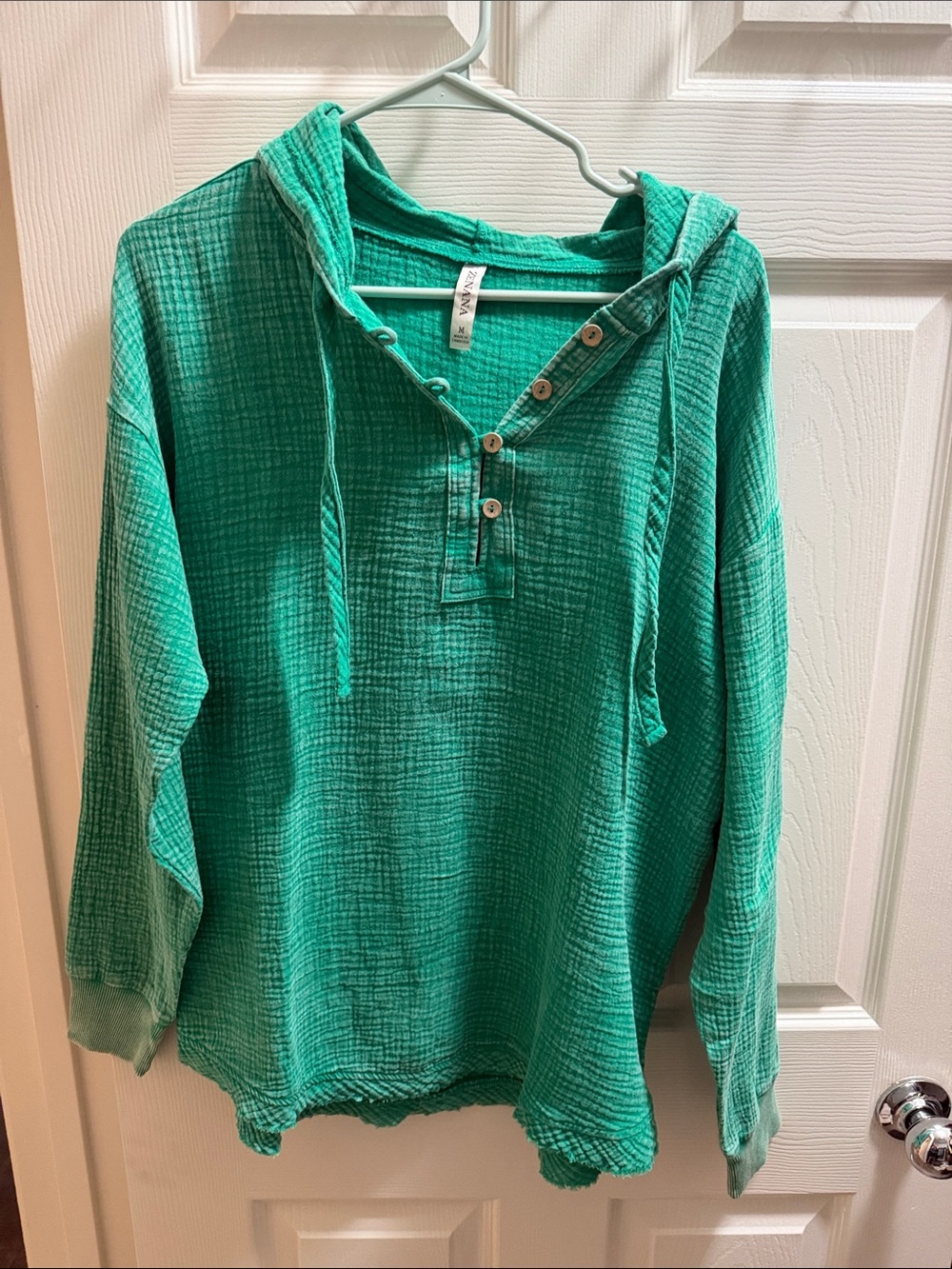 Zenana Outfitters Mineral Wash Green Button-Henley Hooded Pullover